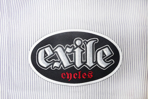 Exile Cycles - Silver patch - Black pinstripe on white Workshirt - rodehawg