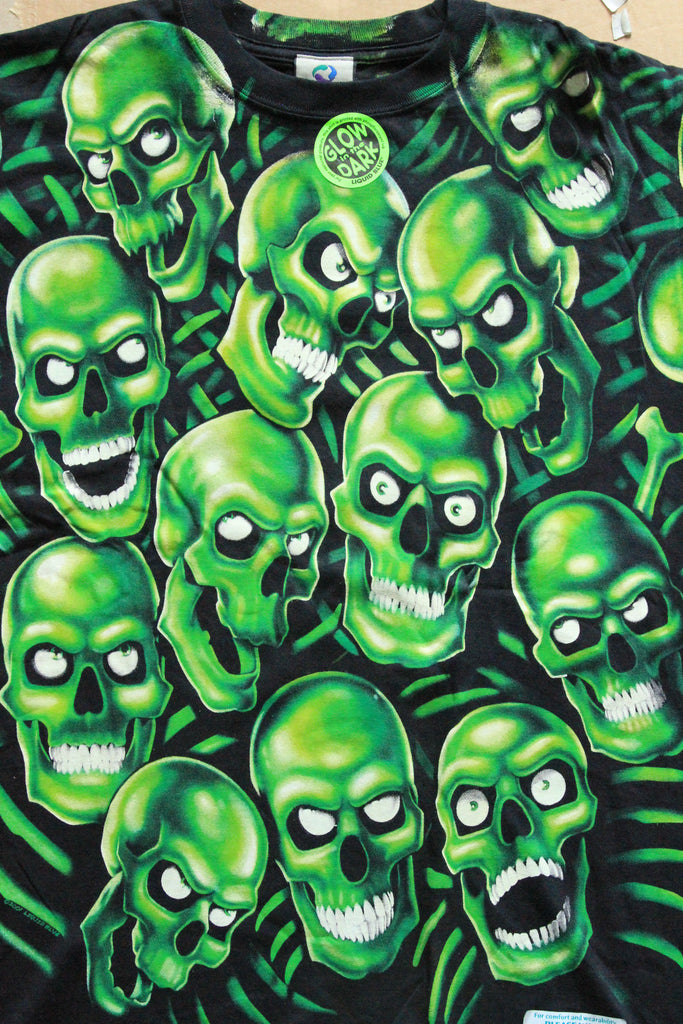 Green Skull, liquid blue, long sleeve, front and back print T-shirt