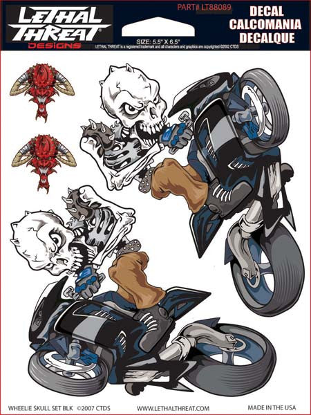 Wheelie Skull Set BLK - 6" by 8"  - LT88089 Lethal Threat Decal