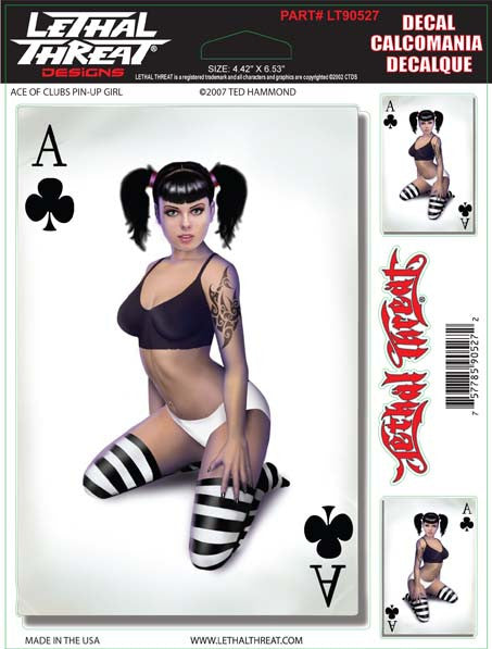 Ace of Clubs Pin up Girl - 6" by 8"  - LT90527  Lethal threat Decal - rodehawg