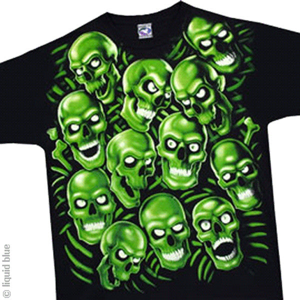Kids Skull Pile Glow in the Dark Black Front and Back Print T Shirt Liquid Blue