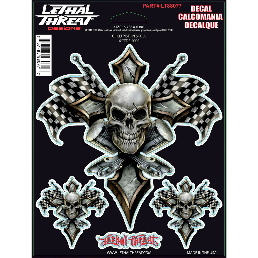 Gold Piston Skull - 6" by 8"  - LT88077  Lethal threat Decal - rodehawg